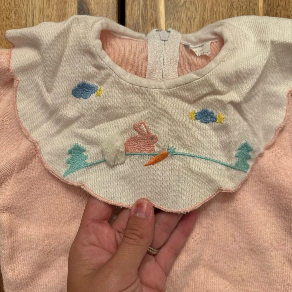 Vintage Baby Girl Pink Knit‎ Sweater Bunny Embroidery Peter Pan Collar Easter